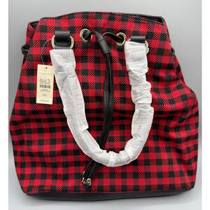 Talbots Red & Black Buffalo Plaid Drawstring & Handle Bucket Bag NWT $139 Retail